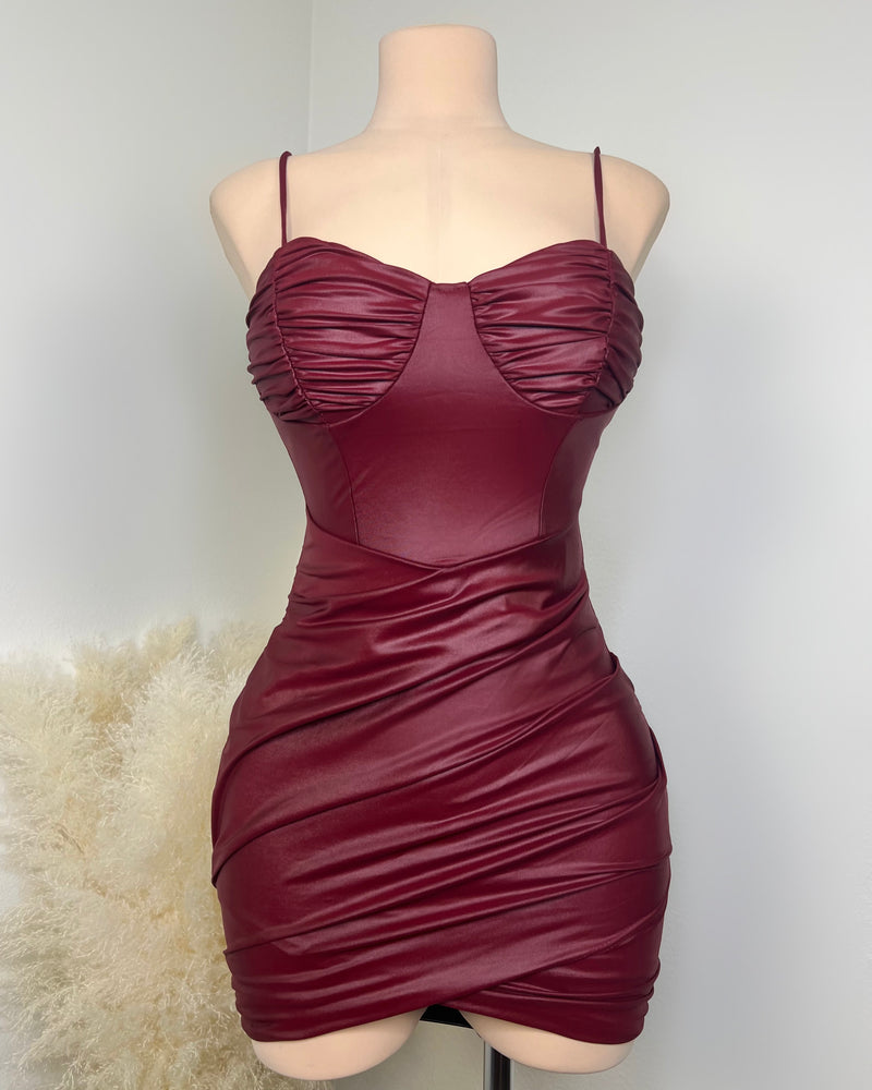 Twist & shout ruched satin top mini dress in dark red
